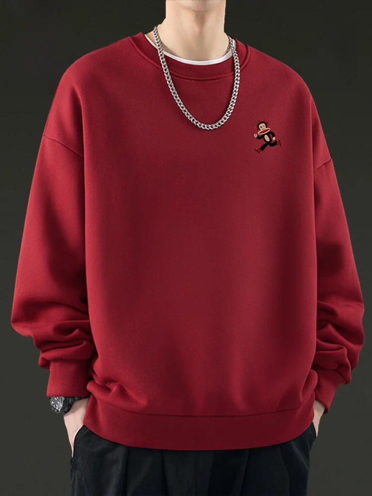 

Men's round Ne Fce Lined Sweatirt Casual Loose Fit Winter Jaet Red Comfortable Warmth Printed Design