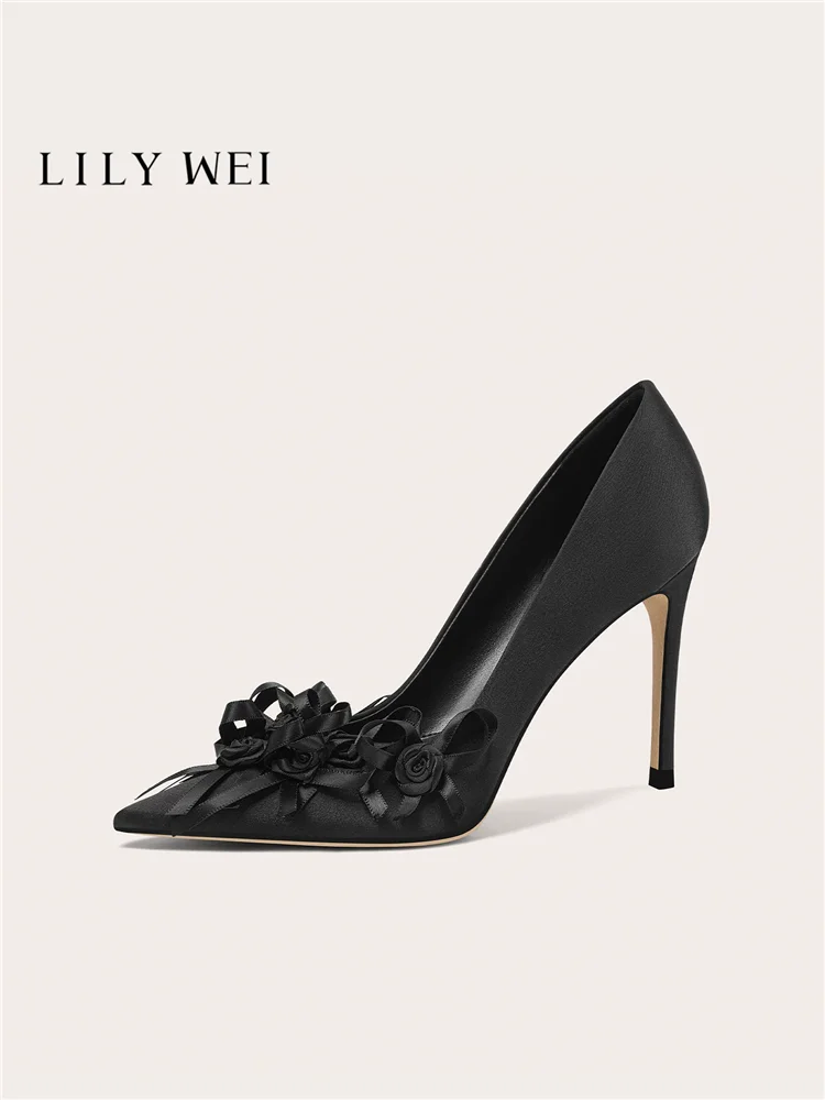 Autumn new pointed shallow mouth silk ribbon flower wedding shoes banquet large size small size widened high heels women's shoes