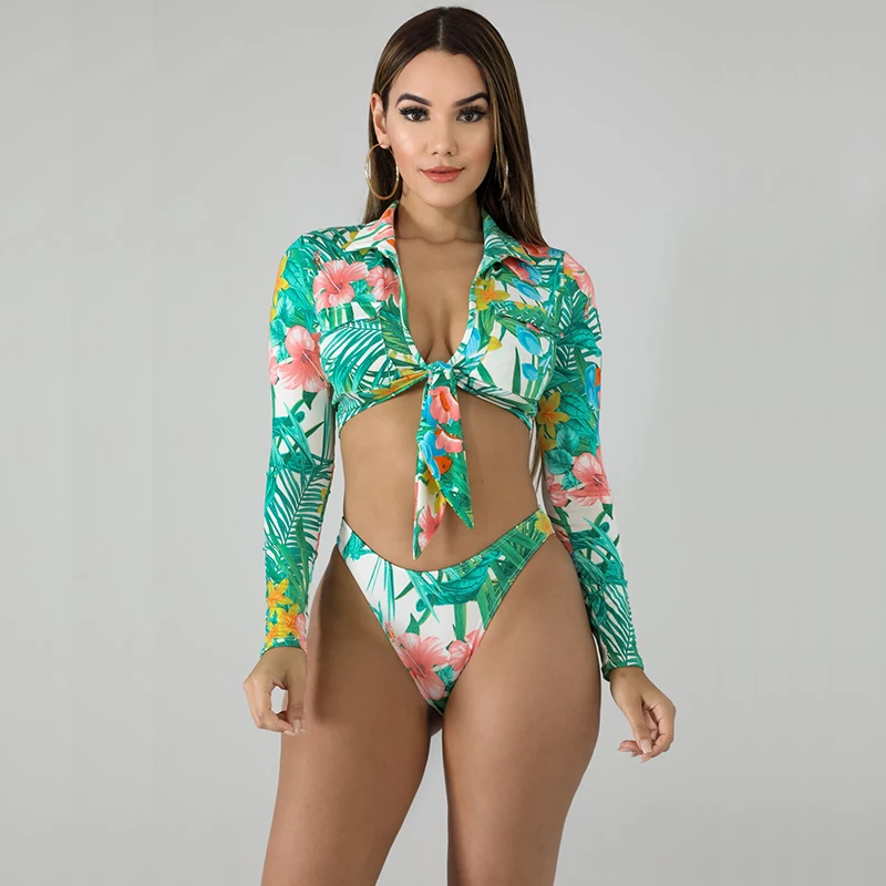 طقم بكيني منقوش عليه زهور بأكمام طويلة مكون من قطعتين بدلة سباحة نسائية مثيرة ملابس سباحة نسائية مثلثة وثونج بدلة استحمام