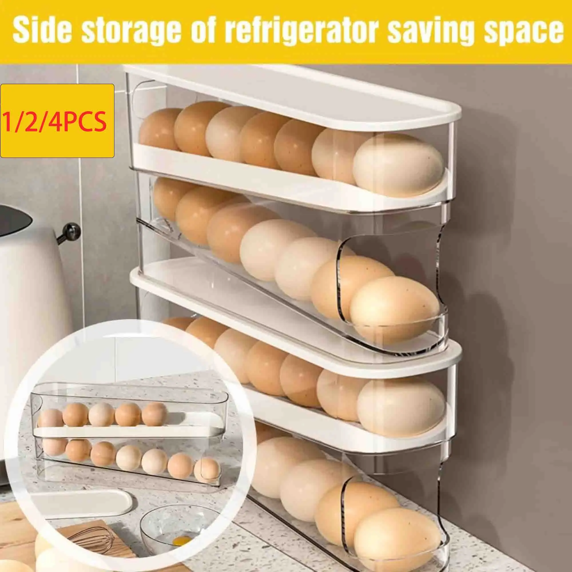 

1-4PCS Portable Automatic Filling Roller Household Slide Style Egg Storage Box Refrigerator Storage Food Grade Thick Egg Rack