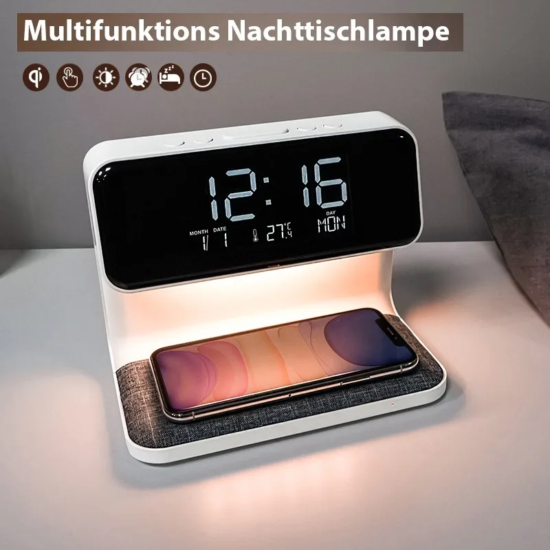 Desk lamp with wireless charging alarm clock 3-in-1 fast charging desktop clock multi-function night light
