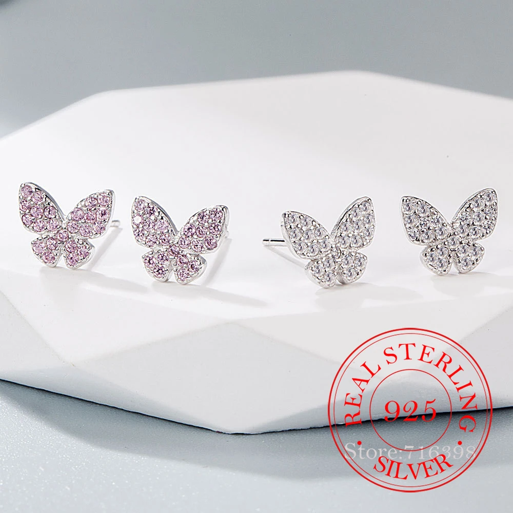 Real Money 925 Sterling Silver Crystal Butterfly Stud Earrings for Women Cute Zircon Silver Fashion Wedding Party Jewelry