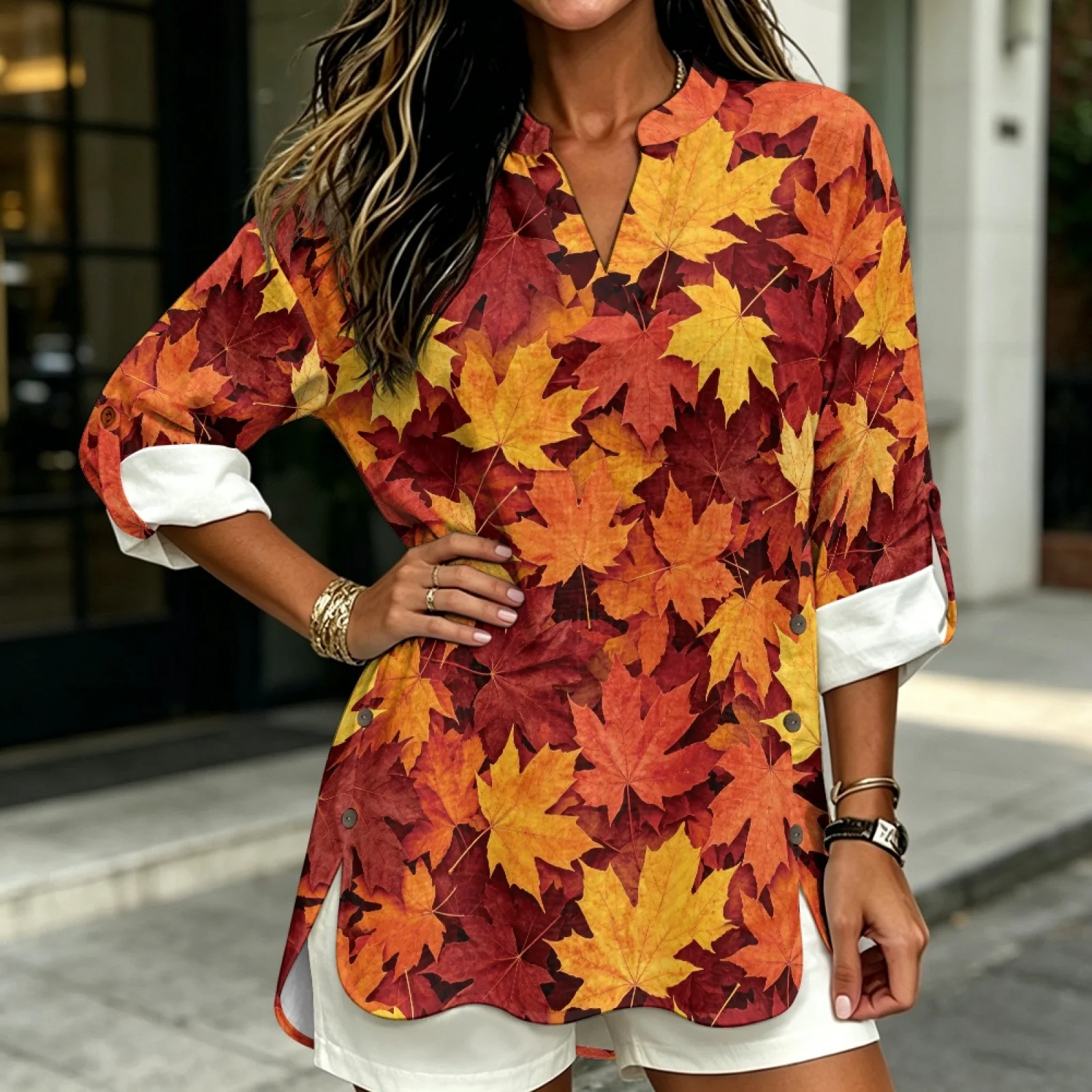 PENSTROLL Maple Leaf Print Linen Style V Neck Tunic Blouses Breathable Tunic Shirts for Beach Sizes S-5XL