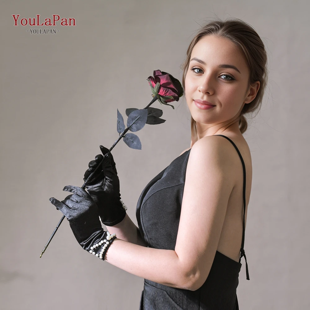 YouLaPan T30 Soft And Comfortable Thin Women's Gloves Black Smooth Satin Pearl Bow Accessories Bridal Wedding Hand Jewelry