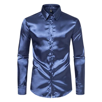 Men's Black Satin Luxury Dress Shirts Fashion Silk Smooth Tuxedo Shirt Solid Wedding Party Prom Casual Shirt Business Office 2