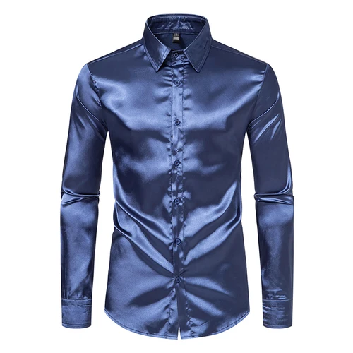 Imagen 2 del producto Camisas de vestir de lujo de satén negro para hombre, camisa de esmoquin lisa de seda a la moda, camisa informal sólida para fiesta de boda y graduación, oficina de negocios
