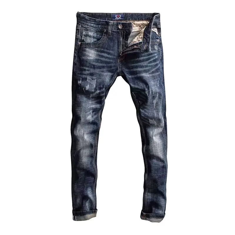Italian Style Fashion Men Jeans Retro Blue Slim Fit Ripped Jeans Men Stretch Trousers Vintage Designer Casual Denim Pants Hombre
