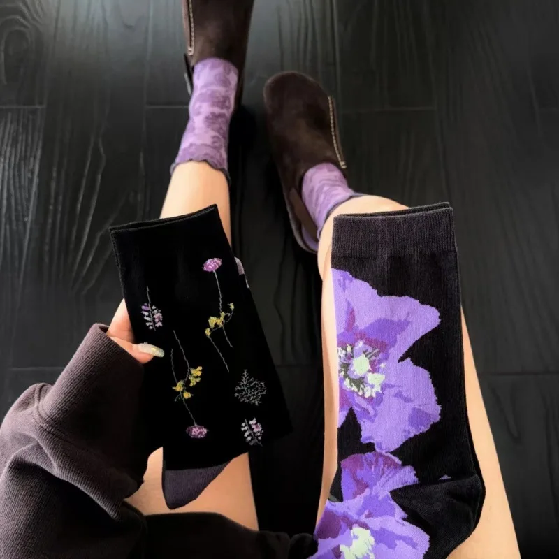 1/3 Pairs Women's Socks Korean Versatile Comfortable High-quality Cotton Socks For Girl Purple Gentle Sweet Kawaii Cute Embossed