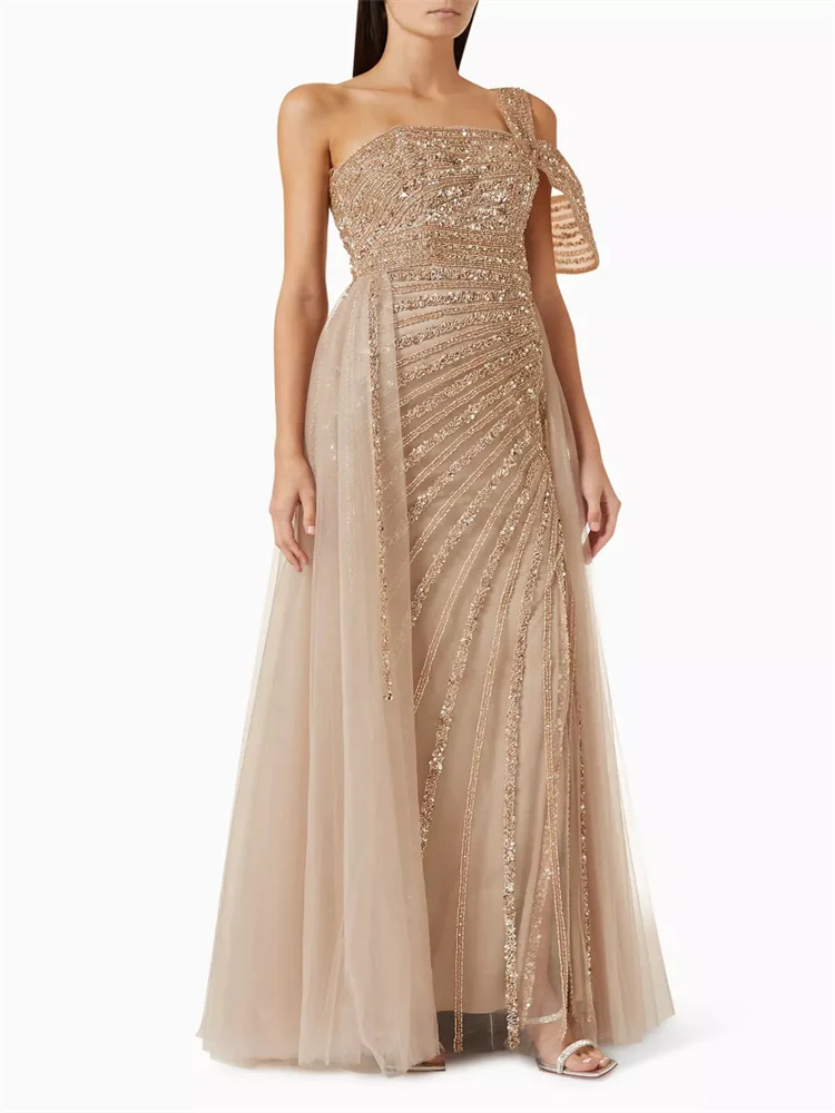 Customized Beaded Embellished Tulle Evening Gown Sleeveless One-shoulder Asymmetrical Neckline Diagonal Beaded Embellished Skirt