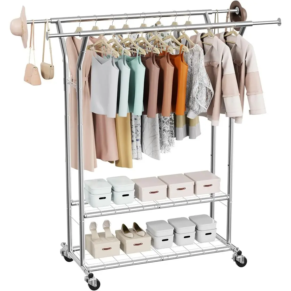 

Clothes Rack, Rolling Clothing Garment Rack, Extendable Carbon Steel Clothing Racks with Wheels for Bedroom, Laundry, Living Roo