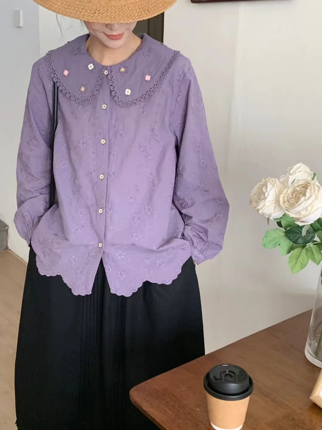 

Spring 2026 Casual Sle Long Sve Cotton irt Embroidered Lace Trim Loose Fit Pure Color Doll Collar Top for Girls