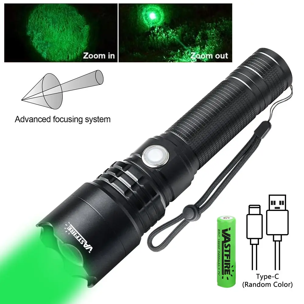 Powerful Green Light Led Flashlight Focus Tactical Lantern Night Hunting Spotlight for Coyote Hogs Rabbit Torch Detector Lamp