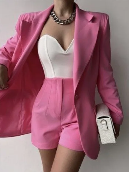 Office Lady Set Solid One Button Lapel Long Sleeved Suit Jacket Zipper Shorts Two Piece Spring Summer Fashion Commuting Suit