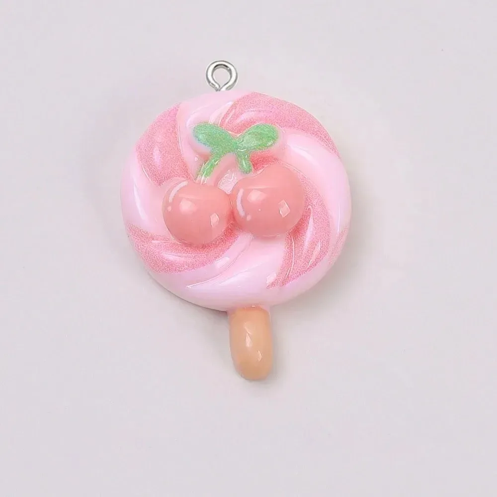 10 piezas de dijes de resina con forma de piruleta de cereza de dibujos animados Kawaii, mini colgantes de caramelo, suministros de manualidades DIY para joyería hecha a mano