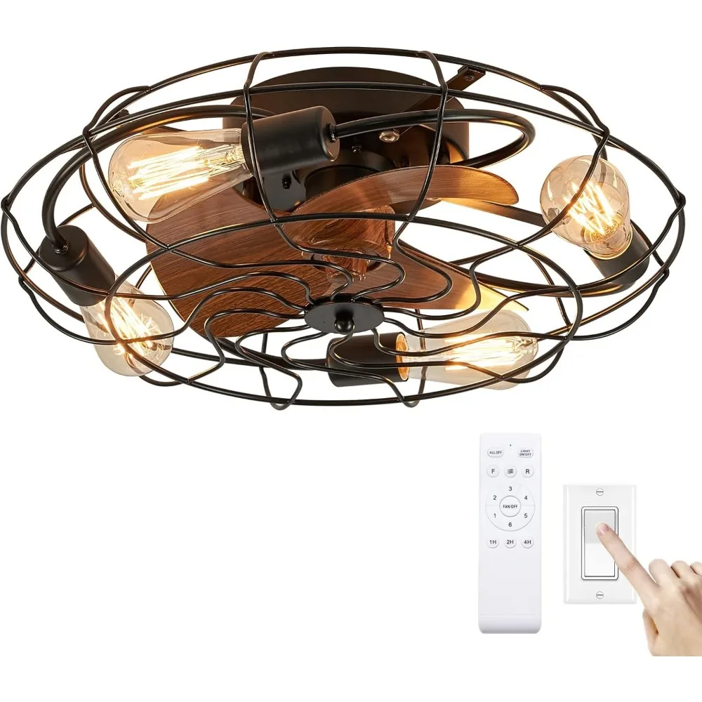 Caged Ceiling Fan with Light, 21" Small Low Profile Ceiling Fan with Light and Remote, 3 Enclosed Blades, 6 Wind Speeds,