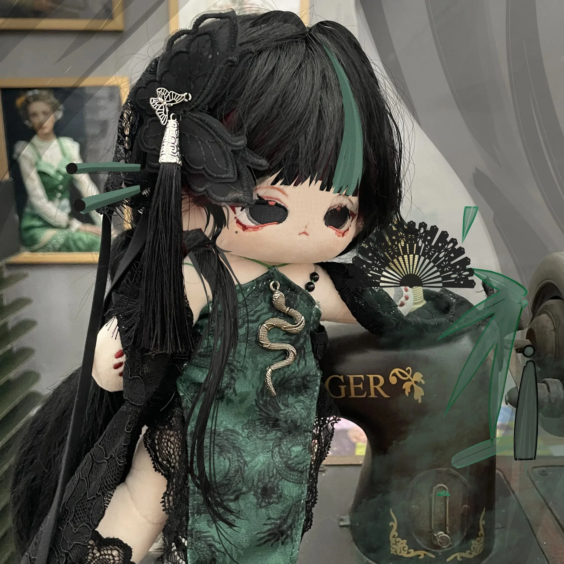 زي فستان شيونغسام أخضر بطراز قديم للفتيات ، بدلة أصلية ، ساق طويلة ، دمية قطيفة للجسم ، فستان ملابس ، إكسسوارات ملابس