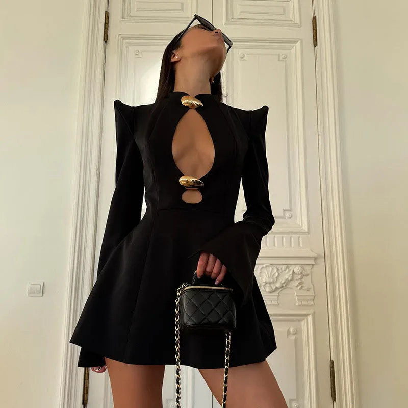 

STYLISH LADY Elegant OL Dress 2025 Autumn Women Long Sleeve Hollow Out Metal Padded Shoulder Party A Line Mini Vestidos De Festa