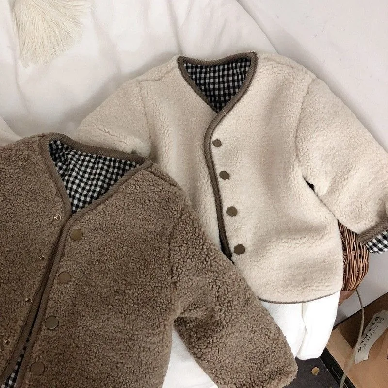 RAISE Winter 1-6Yrs Boys Woolen Coat Reversible Plaid Children Girls Outerwear Loose Round Collar Infant Babys Girls Thick Coats