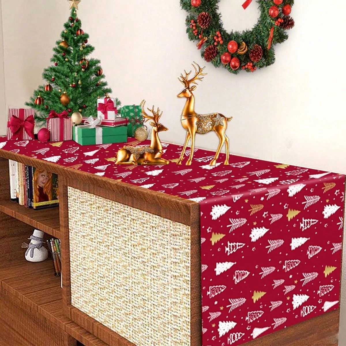 JIT 1pc Christmas Tree Red Polyester Table Runner 2D Flat Print Festive Home Decor Dining Table Decoration Winter Charming