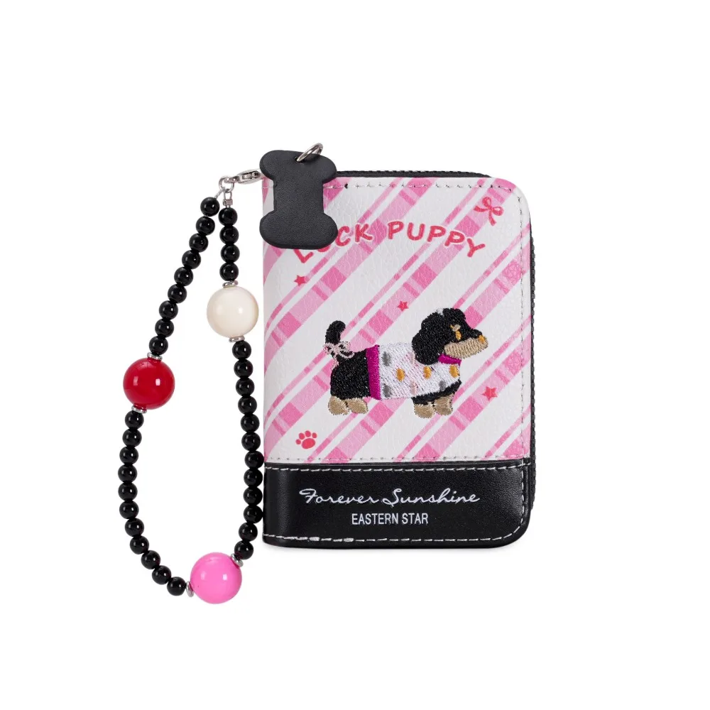 

Portable Embroidery Dachshund Dog Wallet Phone Pendant PU Leather Leather Card Holder Beaded Chain Fashion Short Purse Shopping