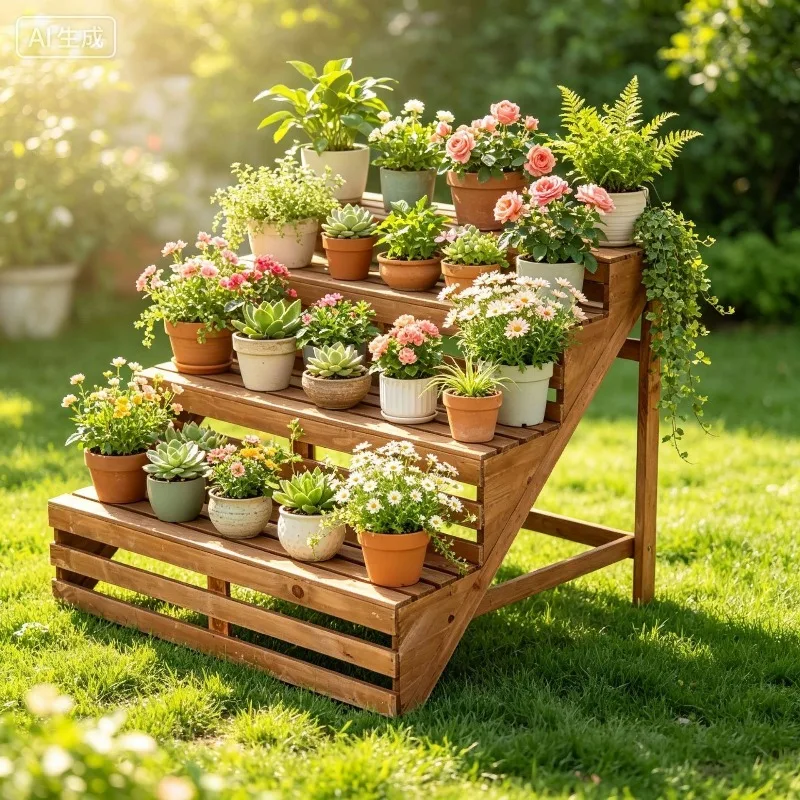 New fake flower cactus bonsai fashion creative ornament flower hair potted plant green plant ladder flower rack wooden shelf