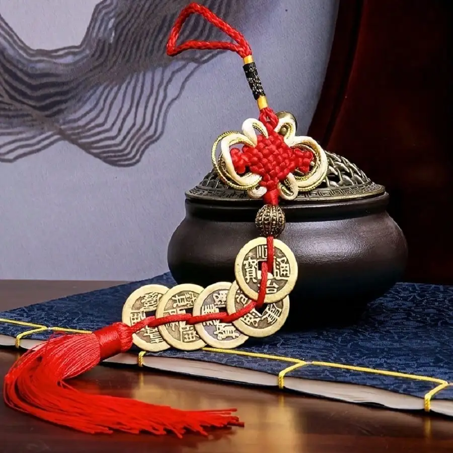 1pc&2pc Feng Shui Wealth Charm Five Ancient Emperor Coins with Red Chinese Knot Tassel Wall Car Hanging Ornament for Good Luck & Prosperity