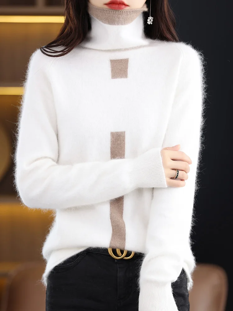 100% Pure Mink Cashmere Knitted Pullover Women\'s Free Collar Match Color Sweater Loose Long-Sleeved Blouse Autumn New Turtleneck