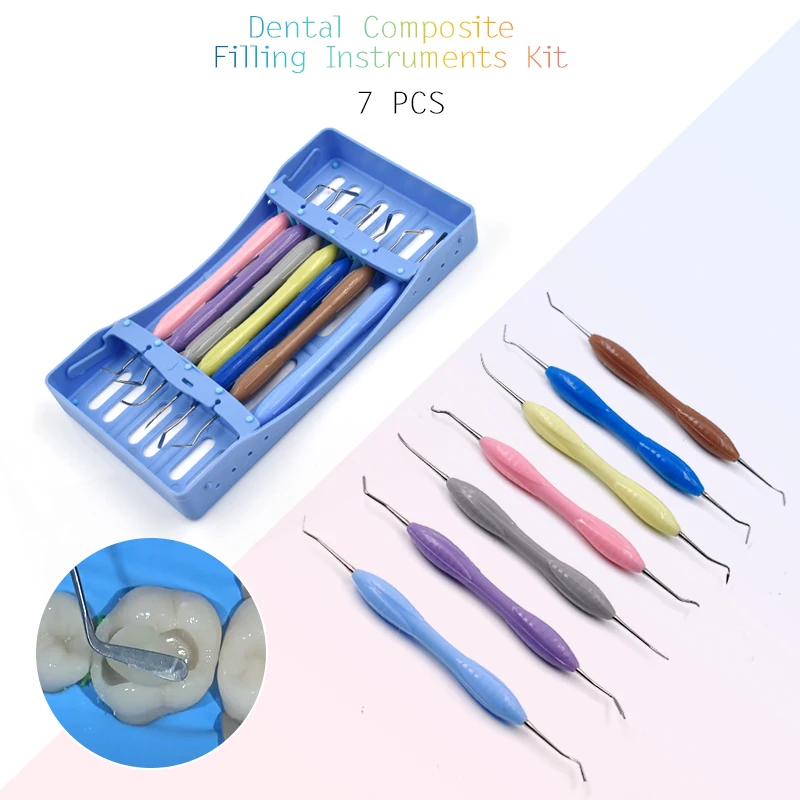 7Pcs/Set Dental Composite Material Dental Filling Instruments Resin Filler Kit with Dinfection Box Silicone Handle Dentist Tools