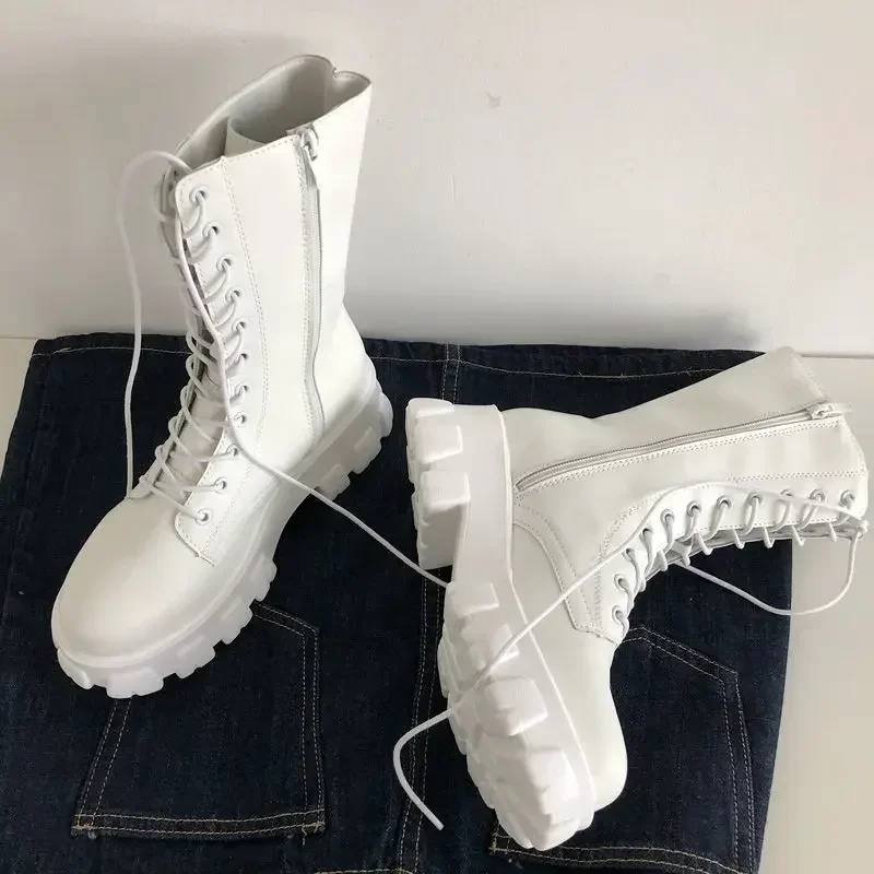 Nuevas Botas de media pantorrilla para Mujer, moda Otoño Invierno con cordones para Mujer, Botas Chelsea con cremallera, Botas para Mujer, zapatos deportivos con tacón de plataforma para Mujer