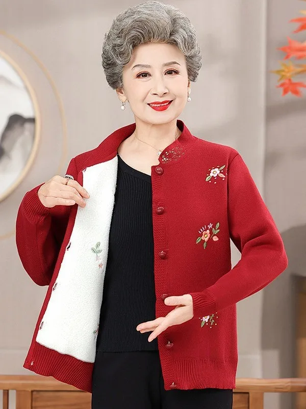 Cardigans For Woman New Casual Plus Velvet Middle Aged Mother Winter Sweater Coat Thicken Warm Printed Grandma Knitting Jacket