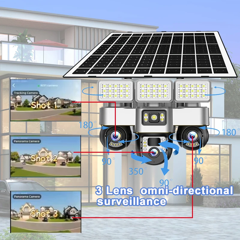 12MP Three-Lens LED Street Light 4G Camera Solar Power Outdoor Security Protection CCTV PIR Human Detection V380 Pro PTZ Monitor
