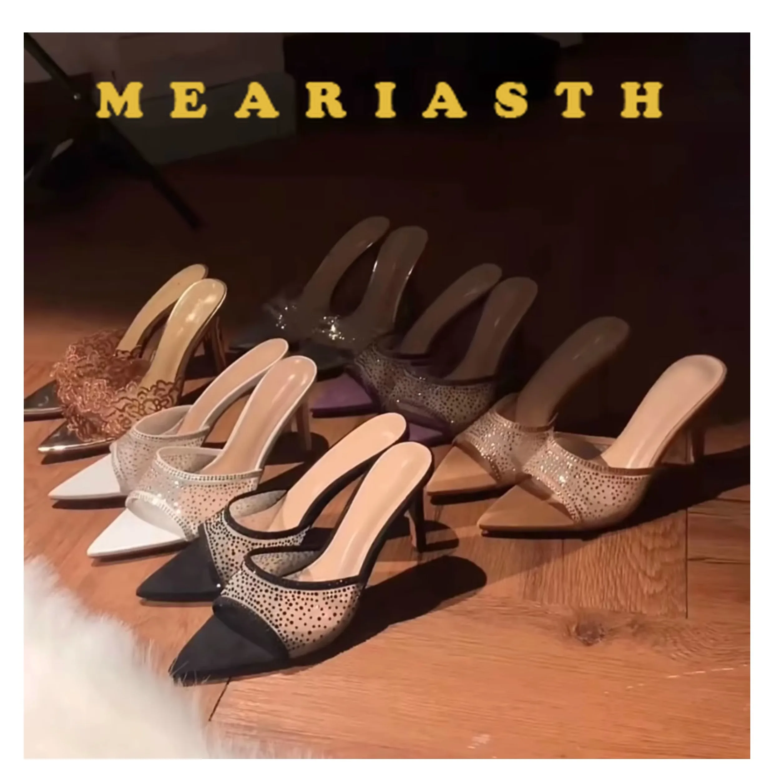 شباشب عصرية متعددة الاستخدامات بكعب عالٍ بمقدمة مدببة ومزينة بحجر الراين من قطعة واحدة صنادل كاجوال أنيقة للسيدات