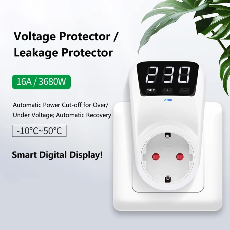 Automatic Voltage Protector Switch Adjustable 16A 230V Power Surge Protection EU Socket Home Appliance Volt Safe Travel Socket