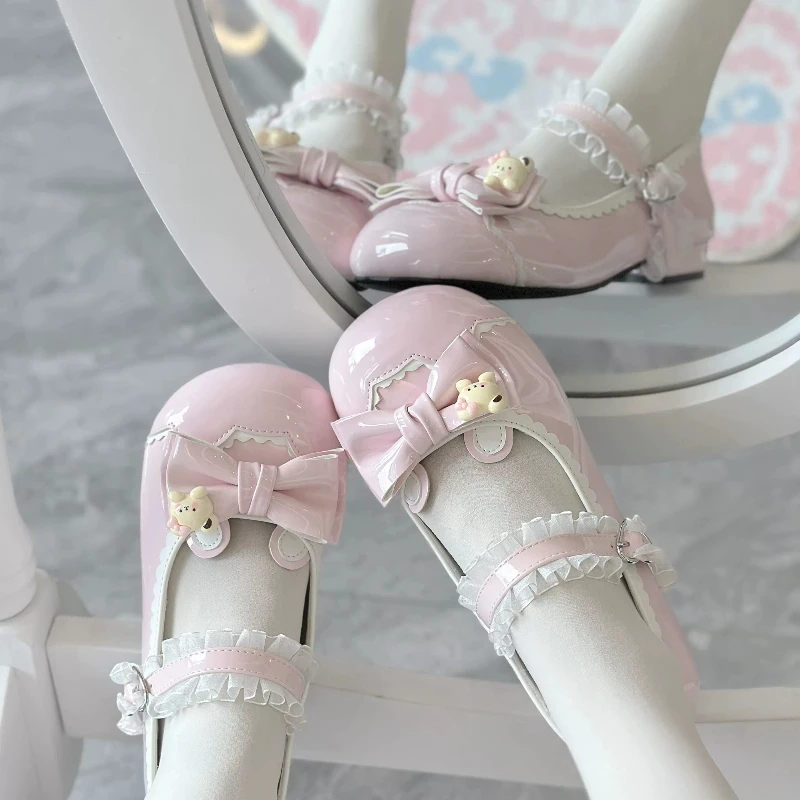 Japanese Original Sweet Cute Lo Low Heel Shoe Soft Girl Round Head Mary Jane Shoes Kawaii Lolita Bow Bear Single Shoes for Women