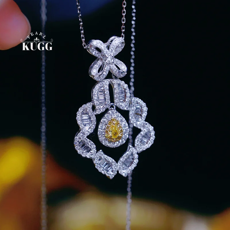 KUGG 100% 18K White Gold Necklace Real Natural Yellow Diamond Pendant Necklace for Women Elegant Flower Shape High Party Jewelry