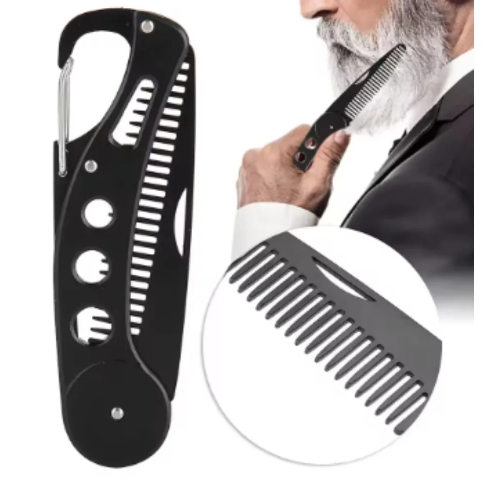 Stainless Steel Beard Comb with Foldable Portable Design, Multipurpose Mustache Styling Tool for Travel Grooming