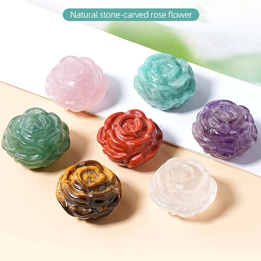 20mm Natural Stone Carved Rose Flower Statue Handcarved Healing Crystals Amethyst Figurine DIY Ornament Home Office Decor Gift