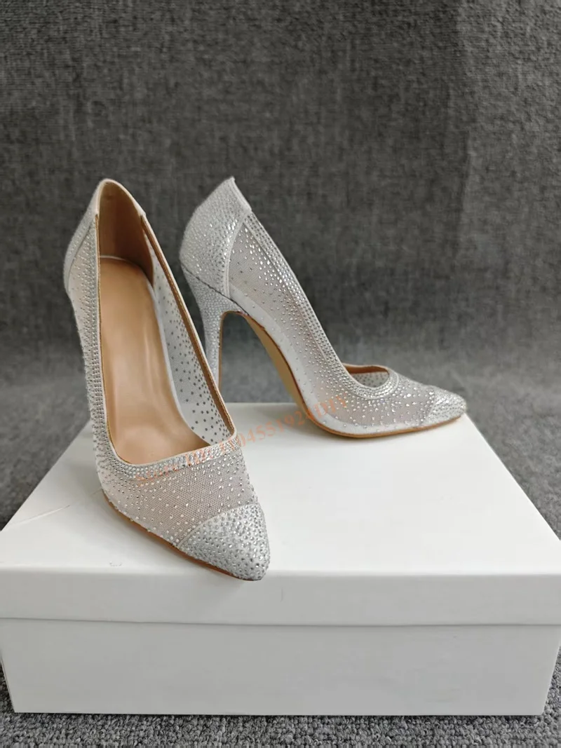 

Sheepskin Leather with Charming Silver Evening Party Rhinestone Bride Pumps Pointed Toe Slip On Women Shoes High Heels