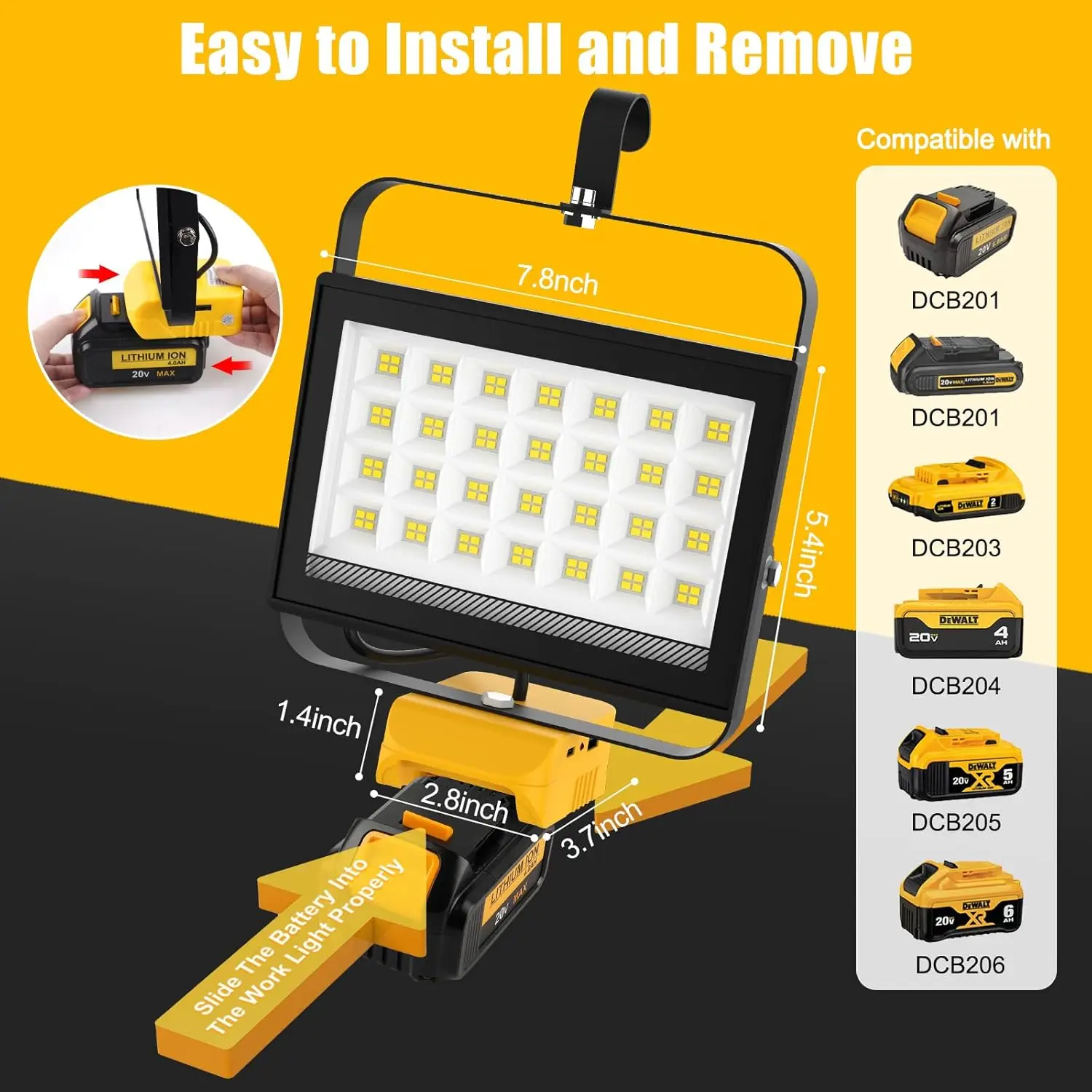 48W/60W/100W Portable LED Work Light Rechargeable LED Flood Light for Dewalt 18V-20V Li-ion Battery Cordless Work Light 6000k
