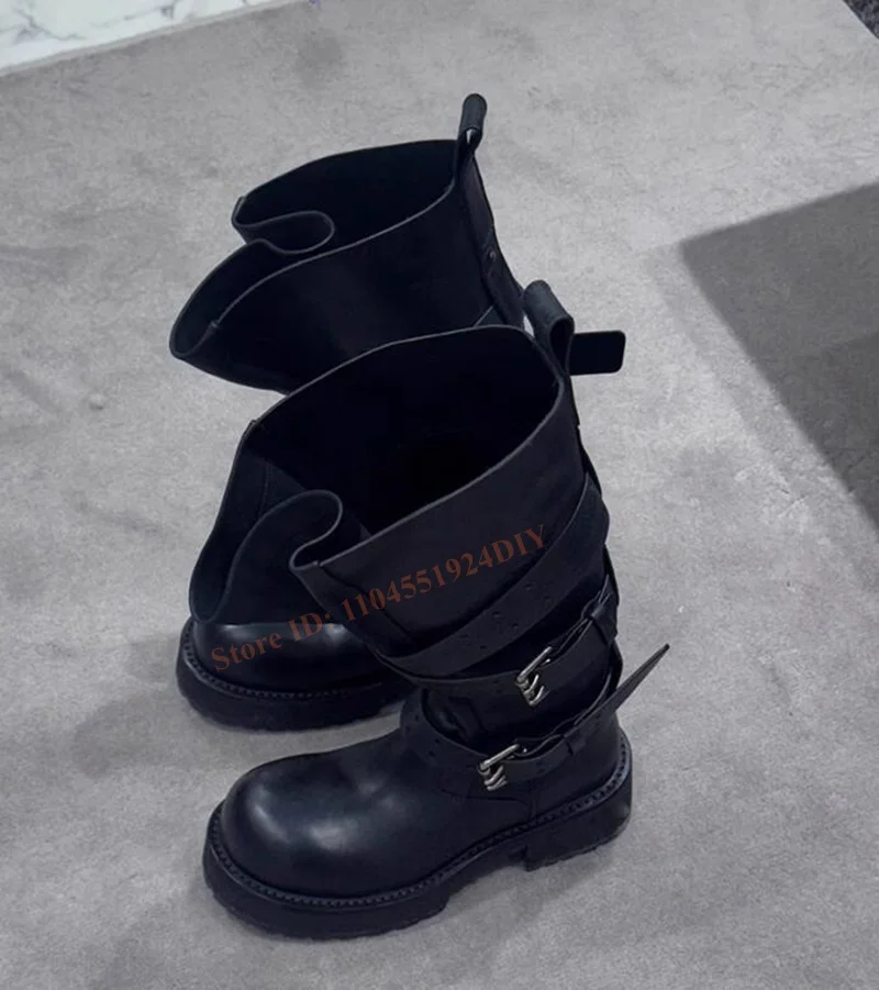 

Black Matte Leather Slip On Chunky Heel Platform Buckle Strap Mid-Calf Knight Boots Women Elegant Autumn Winter Shoes