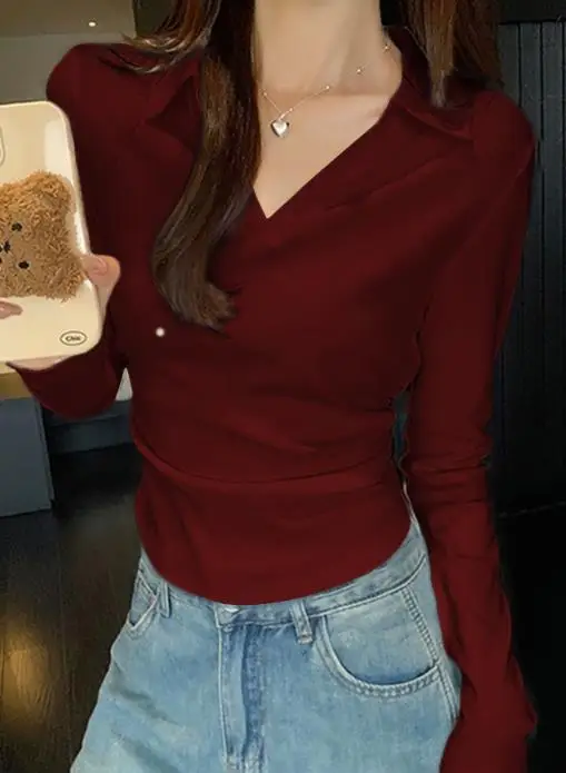 

Tops Woman Casual Minimalist Long Sleeved Women's V-Neck Shirt T-Shirt Lapel Solid Color Waist Slimming Long Sleeved T-Shirt