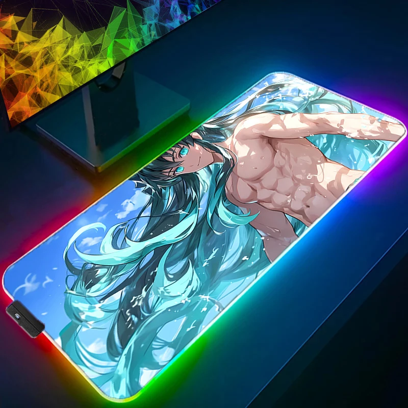 

RGB LED Anime Mouse Pad Gamer Keyboard Pad Desk D-demon Slayer Tokitou Muichirou Mouse Mat Rubber Tapis Souris Gaming Mousepad