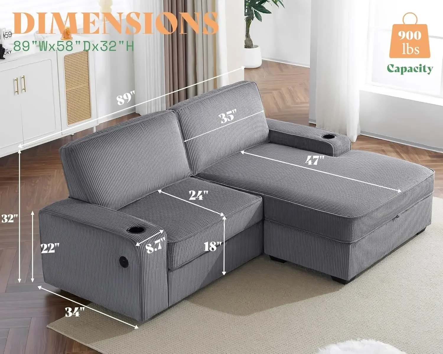 

USB Charging Ports, L Shaped Sofa with Storage Chaise, Convertible Couch for Living Room(Grey Corduroy)