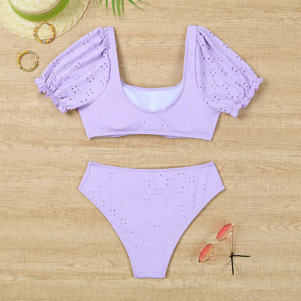 여성용 반팔 수영복 퓨어 컬러 메쉬 플리츠 프릴 크루 넥 비키니 하이 웨이스트 별도의 캐주얼 투피스 수영복