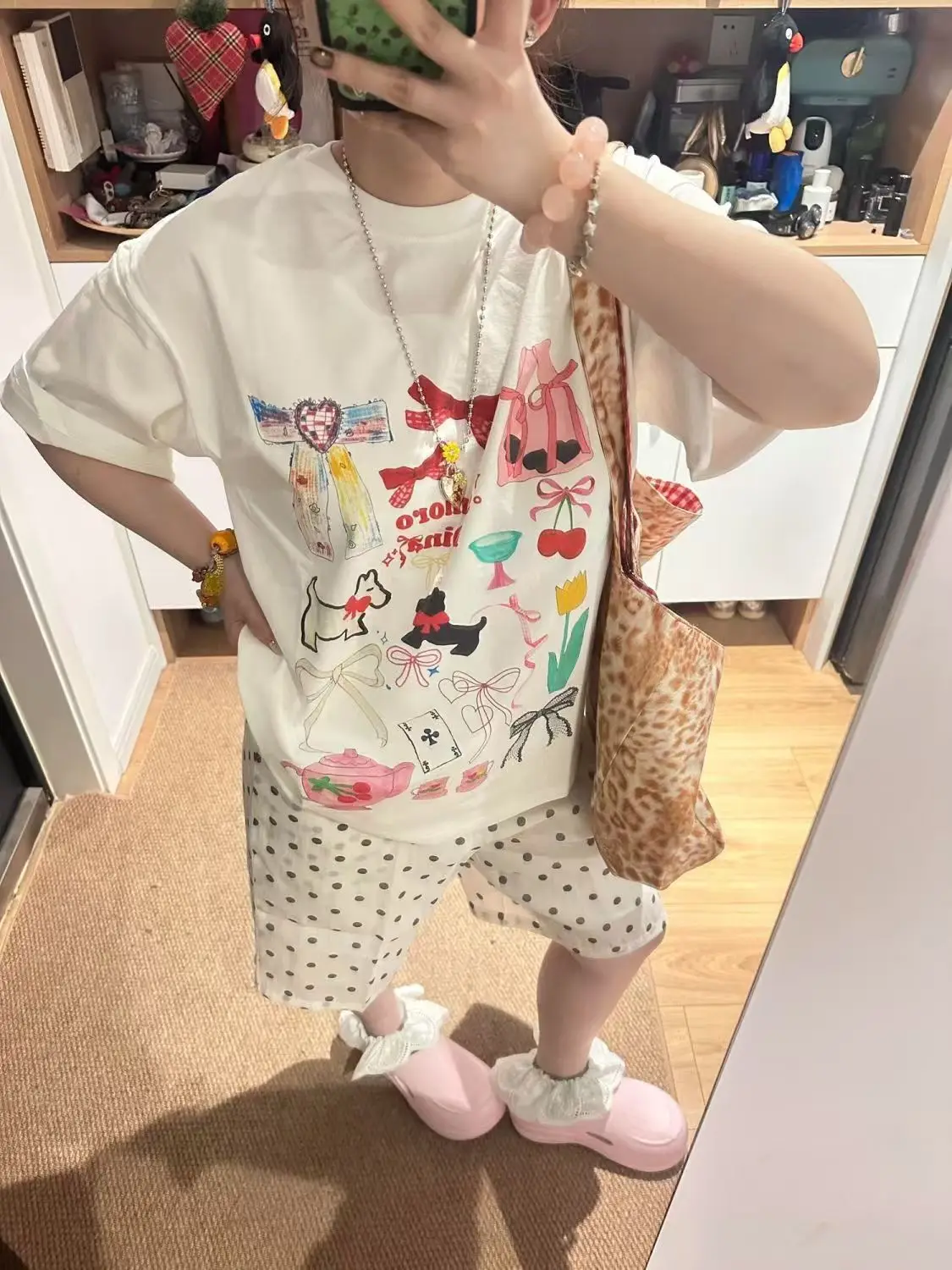 Cute Puppy Dog Bow Printed Kawaii Clothes Y2k Aesthetic T-shirt Women Clothing Short Sleeve O-neck Korean Japanese Tees Summer