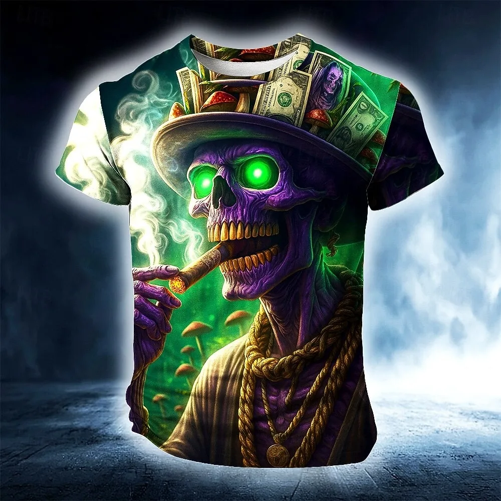 

Halloween Men's Smoking skull Short Sleeve T shirt 3D Print Shirt Exaggerate Horror Party Street Holiday Leisure Men's Clothing