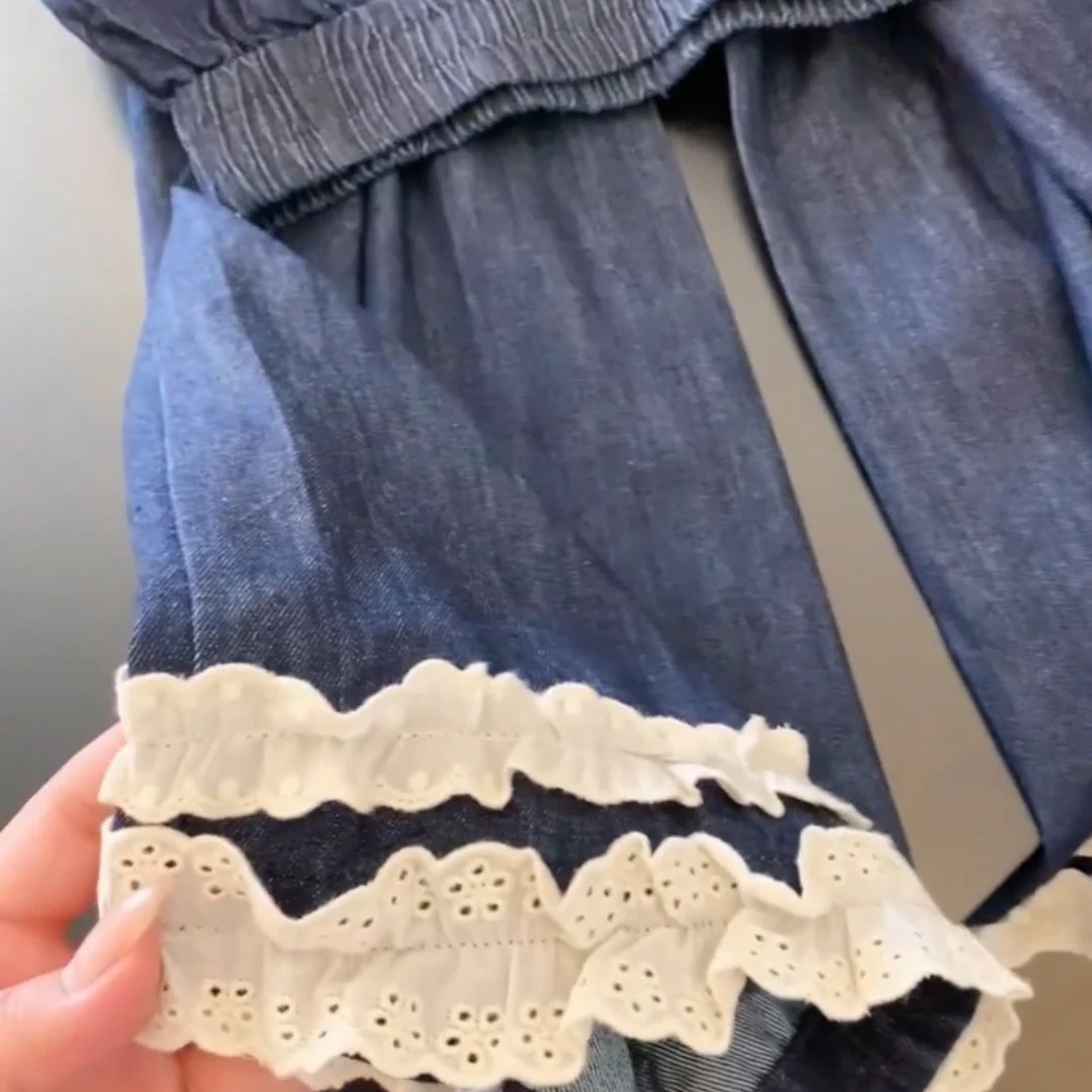 الرجعية الكورية الدانتيل الربط واسعة الساق الجينز المرأة عالية الخصر سليم مستقيم السراويل الربيع Faionable تخفيف Sle عارضة فضفاض...