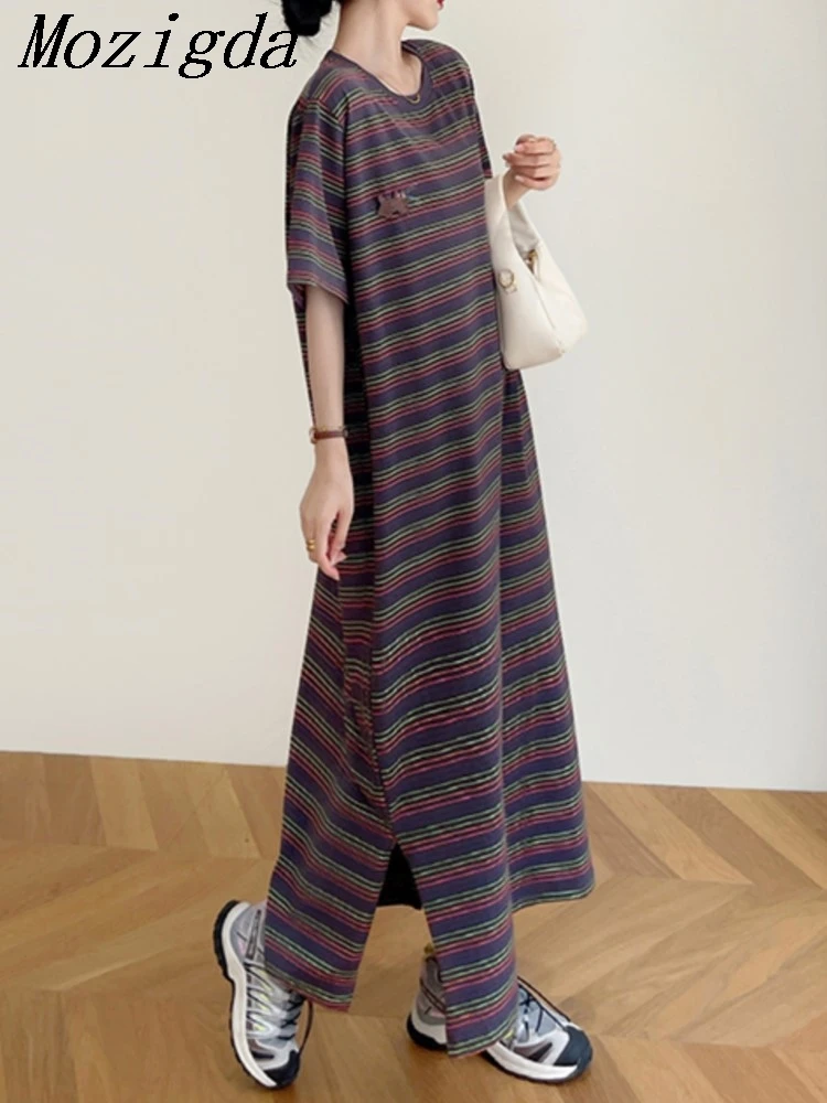 

Summer Knitted Korea Striped Women Dress Vestidos Robe Elbise Loose Slit Short Sleeve Long Ladies Dresses