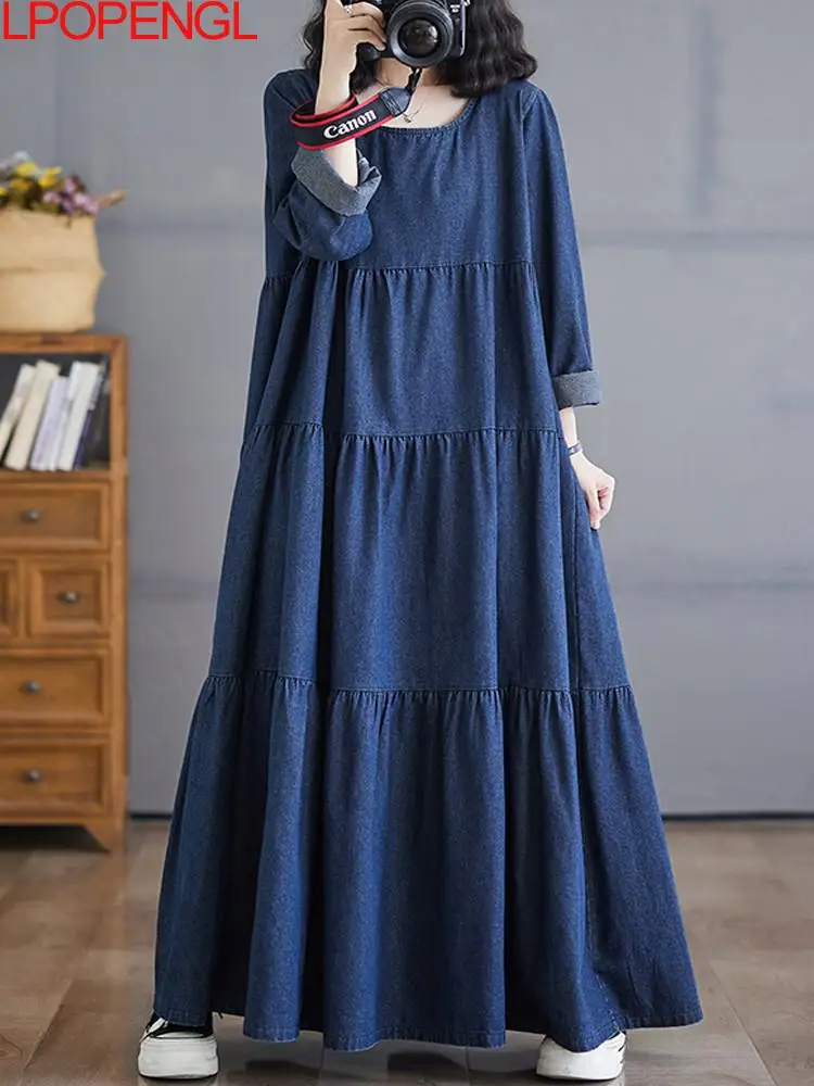 New Fashion Women's Autumn Streetwear Solid Color Pullover O-neck Dress Denim Retro Loose Long Sleeves A-line Ankle-length Dress