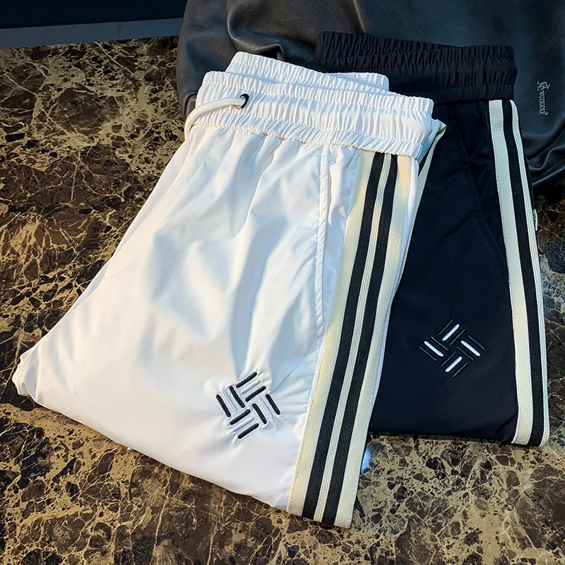 

Summer thin ice silk casual pants for men, breathable, trendy, embroidered, simple, versatile, quick drying sports pants